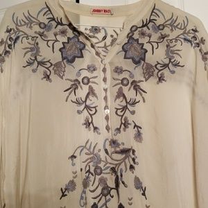 Creme with blue embroidery Johnny Was tunic